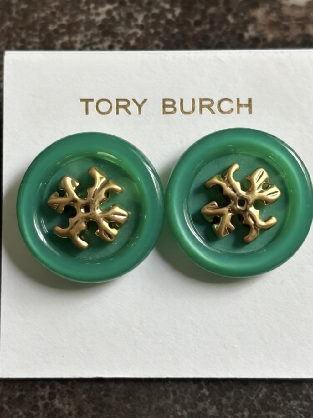 TORY BURCH ROXANNE LOGO GREEN BUTTON STUD EARRINGS